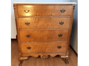 Vintage Hardwood Four Drawer Dresser With White Marble Top