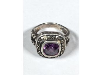 Vintage Sterling Silver / 925 Ring W/Amethyst & Marcasite W/Gift Box