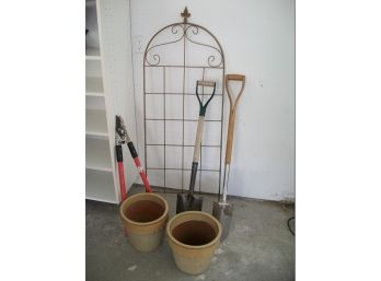 Six Piece Garden Lot - Wrought Iron Trellis, Pair Of Pots, Garden Tools