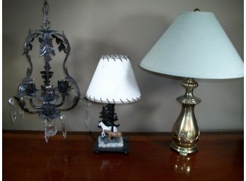 Great Lot Of Two Lamps & One Chandelier - All In Working Order