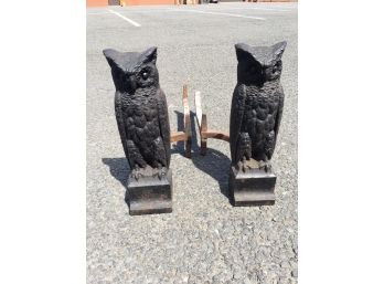 Fantastic Pair Antique Cast Iron Owl Andirons - C.1890-c.1919  - WOW !