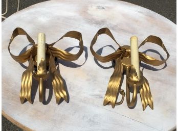 Unusual Pair Vintage Gold Gilt 'Tied Ribbon' Italian Tole Sconces - Great !