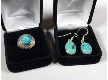 Lovely Turquoise  Sterling Silver / 925 Ring & Earring Set W/Gift Box