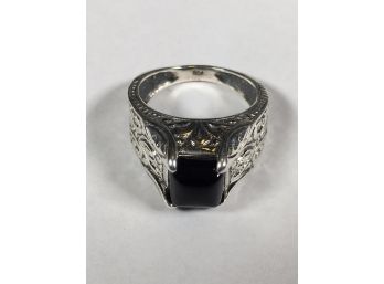 Fantastic Ornate STERLING SILVER Ring W/Square Onyx Stone W/Gift Box