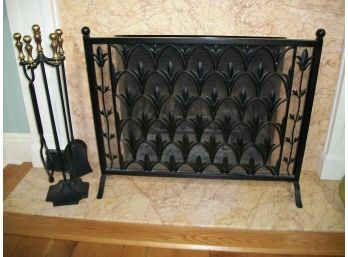 High Quality Wrought Iron Fireplace Screen & Tools W/Brass Handles