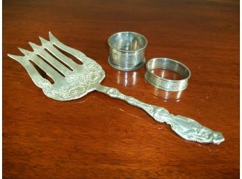 Beautiful Antique Ornate Sterling Silver Serving Fork & Two Napkin Rings (5.57 OZT)