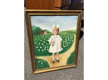 Beautiful Antique Oil On Canvas Of Little Girl In Original Frame
