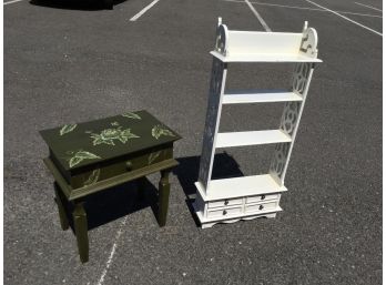 Two Great Pieces Small Furniture White Shelf W/Drawers  & Green Table W/Drawer