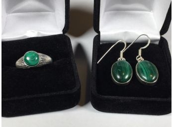 Lovely Sterling Silver / 925 Malachite Ring & Earring Set W/Gift Box