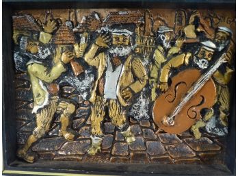Fabulous Vintage Three Dimensional Painted Metal Relief Of Klezmer Band - Signed