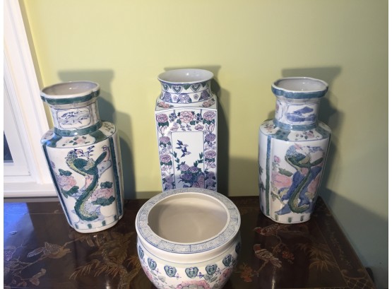 Three Asian Floral Motif Ceramic Vases And One Asian Floral Motif Ceramic Pot.