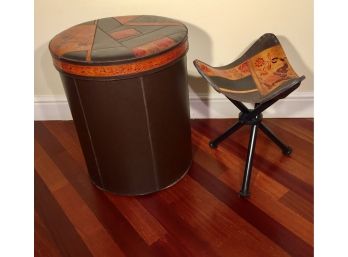 Pier 1 Round Leather Top Storage Drum Table And Matching Tripod Leather Stool