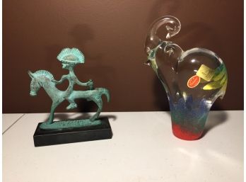 Murano Art Glass Elephant And A Patinated Metal Man On A Horse