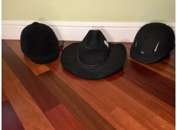 Resistol Size 7 1/2 Black Cowboy Hat And Two Riding Helmets