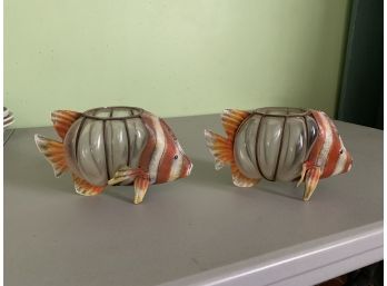 Set Of Decorative Glass & Metal Fish Candle Holders