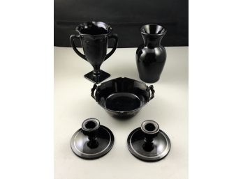 Lot Of Vintage Hand Painted Black Glass Items - Vases, Bowl, And Candlesticks
