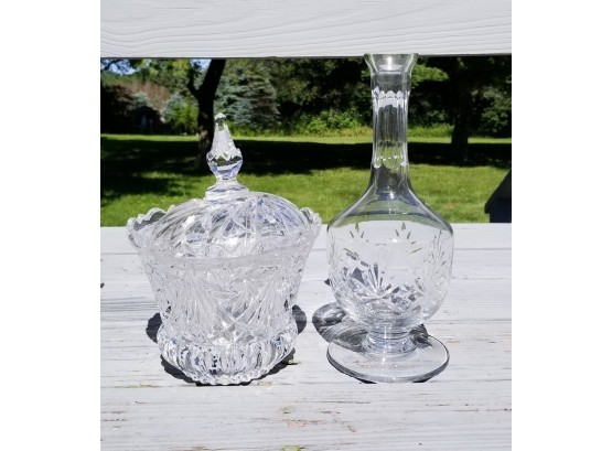 Vintage Romanian Crystal Decanter And Lidded Candy Dish