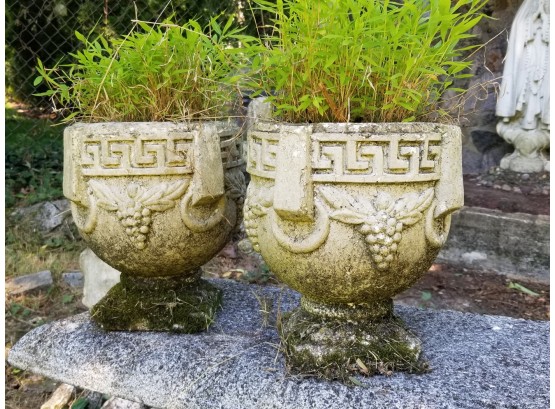 Pair Greek Key Cast Concrete Garden Urns