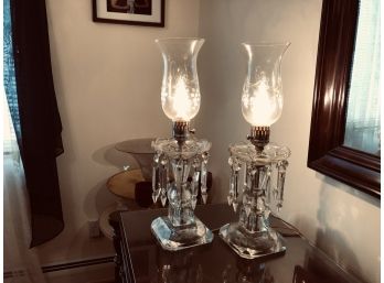 Pair Of  Crystal Lamps With Hanging Crystals