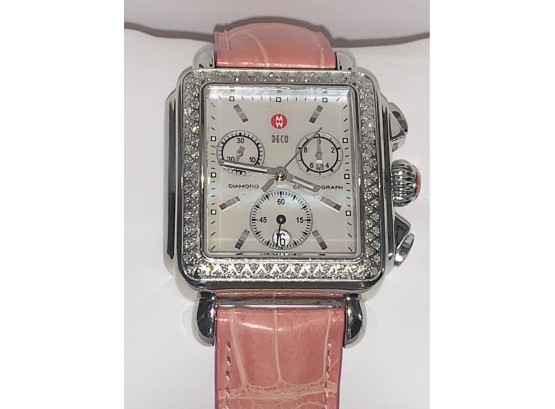 Authentic Michele Deco Chronograph Watch With Diamond Bezel And Pink Alligator Strap Value $1,195.