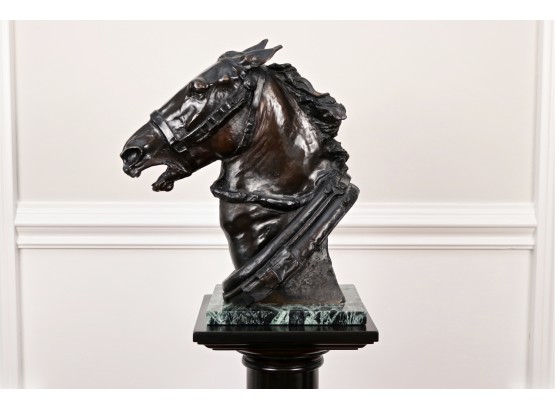 Henry Merwin Shrady Black Horse  Bronze Statue With Green Marble Base