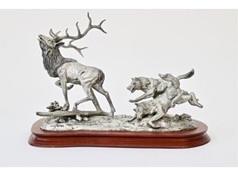 D.D. Edwards “Over Anxious Pursuit” Pewter Sculpture Of An Elk Chased By Coyotes, Signed  1986  126/2500
