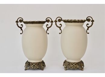Set Of 2 Hand Painted Cream Pottery Urn/Vase  Adorned With Brass Trimmings And Brass Base