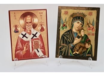 2 Greek Orthodox Icons (St. Nicholas And The Virgin Mary With Jesus)