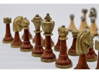 Brand Marked Weighted Carved Wood Chess Pieces With Pewter And Bronze Detailing Made In Italy