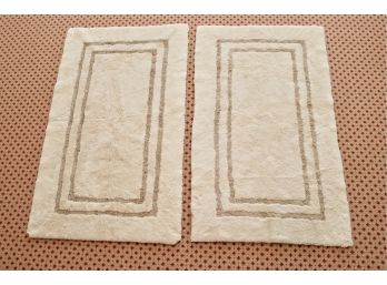 Set Of 2 Cotton Beige With Taupe Rectangular Detailing HIgh Pile Fluffy  Bath Mats