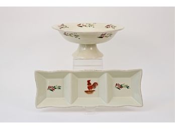 Ceramic Glazed Serving Bowl And Condiment Tray With Rooster And Brushstroke Leaf  Motif