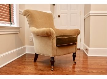 Upholstered Sherril Furniture Beige Microfibered High Back Chair With Brown Seat Cushion  And Castered Front Legs