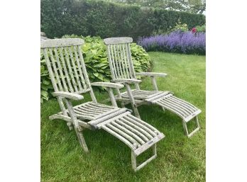 Pair Of  Fascinating Aged Queen Elizabeth First Class Chaise Lounge Teak Deck Chairs