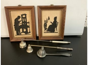 3 Candle Snuffers & 2 Silouettes On Linen Pictures