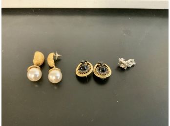 3 Pairs  Designer Signed Clip & Screw Back Earrings ~ Weiss