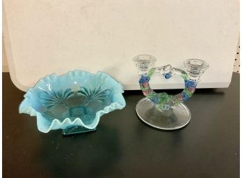 Vintage Double Candleholder & Blue Opalescent Candy Dish