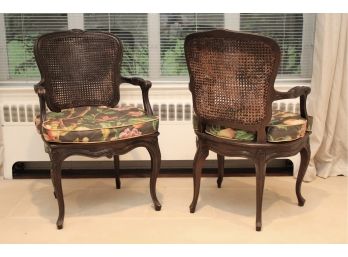 Antique Double Cane Back Carved Wood French Armchairs With Custom Cushions