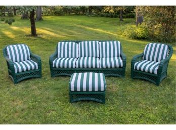 Green Wicker Patio Set With Striped Cushions