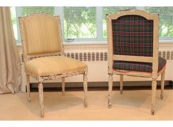 Pair Of Two Distressed Exceptional Quality Upholstered Side Chairs