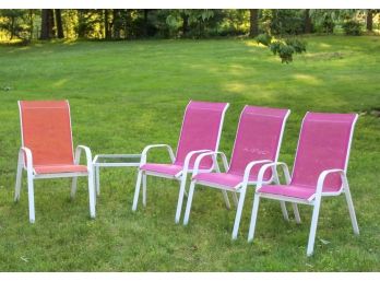 Set Of Four Mesh Pink And Orange Lounge Chairs With Table