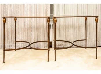 Pair Of Copper Colored Metal And Beveled Edge Glass Side Tables