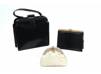 Vintage Evans Elegance Leather Handbag, Ivory Python Jeweled Clutch And Leather Snakeskin Clutch With Handstrap