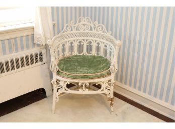 Antique Victorian White Wicker Tub Shaped Chair With Curlicues And Ornate Details