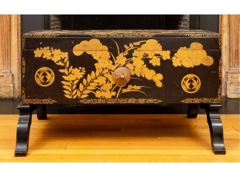 Vintage Black Lacquer Chinese Hand Painted Trunk On Stand