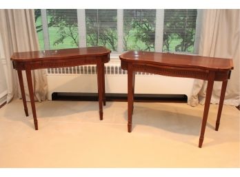Pair Of Heath & Brown Wood End Tables With Pull Out Tray And Banded Inlay