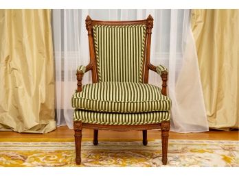 Striped Upholstered Finely Carved Wood Arm Chair
