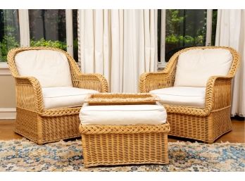 Pair Of Bielecky Brothers Hand Crafted Wicker Rattan Chairs And Ottoman + Pottery Barn Seashell Wicker Tray