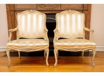 Pair Of Vintage Carved Walnut French Country Or Louis XV Style Arm Chairs