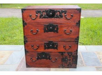 Antique Japanese Elmwood Tansu Cabinet With Hand Forged Ironwork