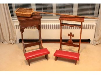 Pair Of Kneeling Church Prayer Kneeler And Donation Basket